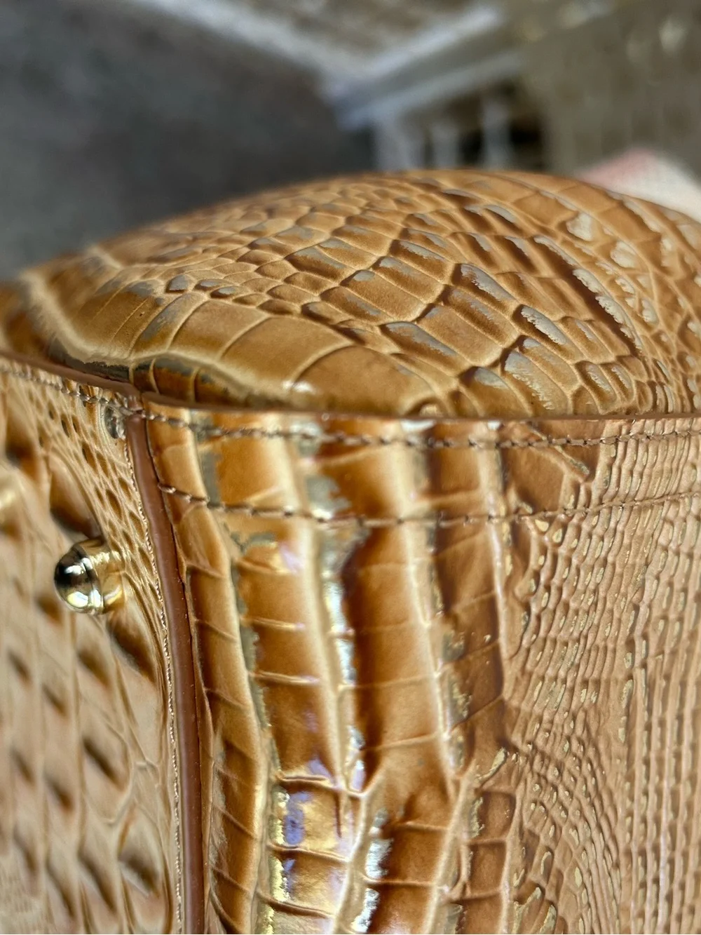 BRAHMIN FINLEY Driftwood Tan Metallic Croc-Embossed Satchel Tote Bag Office